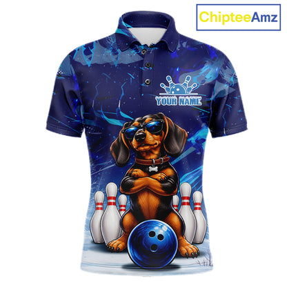 Blue Funny Dachshund Dog Bowling Shirt For Men Custom Bowling Team Jersey Polo & Quarter Zip TDM7955