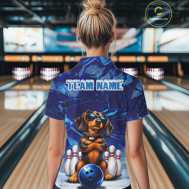 Blue Funny Dachshund Dog Bowling Shirt For Women Custom Bowling Team Jersey Polo & Quarter Zip TDM7955