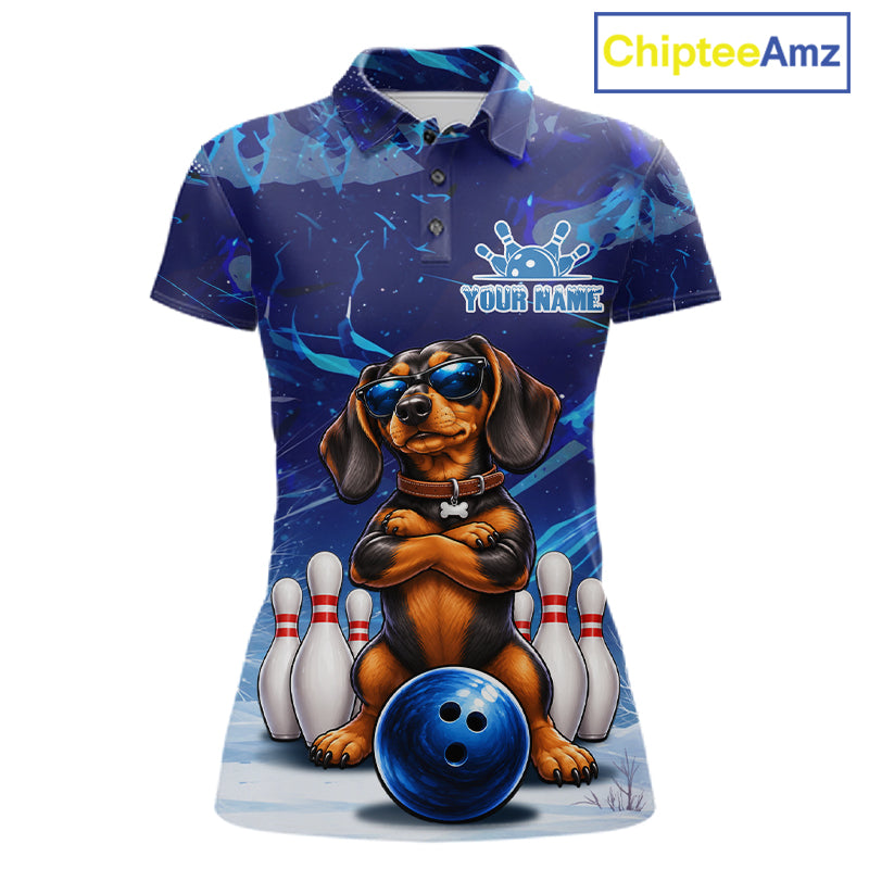 Blue Funny Dachshund Dog Bowling Shirt For Women Custom Bowling Team Jersey Polo & Quarter Zip TDM7955