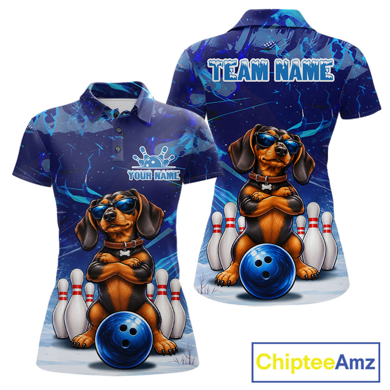 Blue Funny Dachshund Dog Bowling Shirt For Women Custom Bowling Team Jersey Polo & Quarter Zip TDM7955