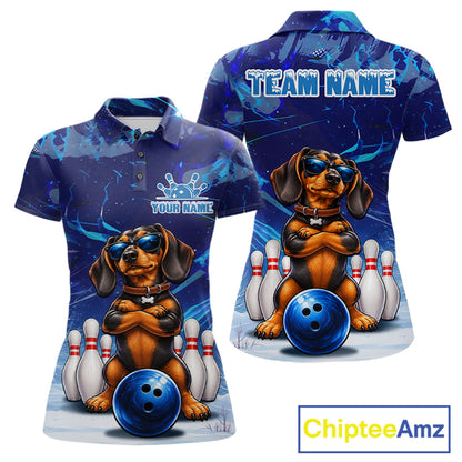 Blue Funny Dachshund Dog Bowling Shirt For Women Custom Bowling Team Jersey Polo & Quarter Zip TDM7955