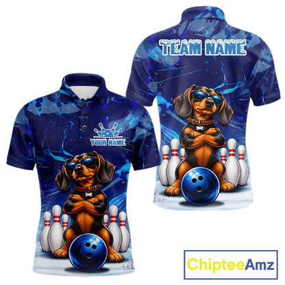 Blue Funny Dachshund Dog Bowling Shirt For Men Custom Bowling Team Jersey Polo & Quarter Zip TDM7955