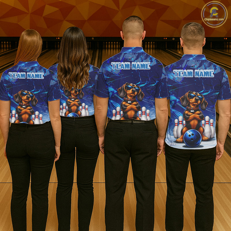 Blue Funny Dachshund Dog Bowling Shirt For Men Custom Bowling Team Jersey Polo & Quarter Zip TDM7955