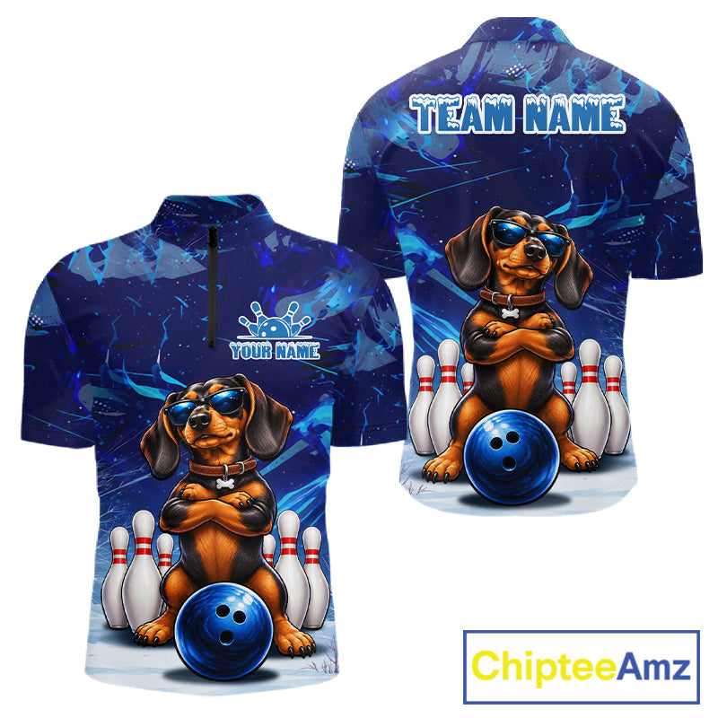 Blue Funny Dachshund Dog Bowling Shirt For Men Custom Bowling Team Jersey Polo & Quarter Zip TDM7955