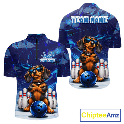 Blue Funny Dachshund Dog Bowling Shirt For Men Custom Bowling Team Jersey Polo & Quarter Zip TDM7955