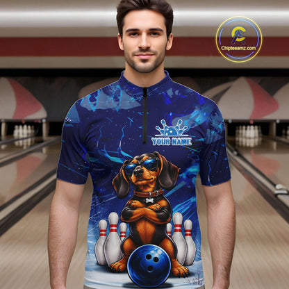 Blue Funny Dachshund Dog Bowling Shirt For Men Custom Bowling Team Jersey Polo & Quarter Zip TDM7955
