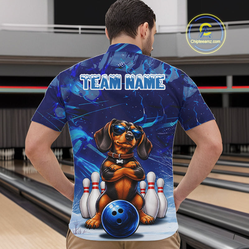 Blue Funny Dachshund Dog Bowling Shirt For Men Custom Bowling Team Jersey Polo & Quarter Zip TDM7955