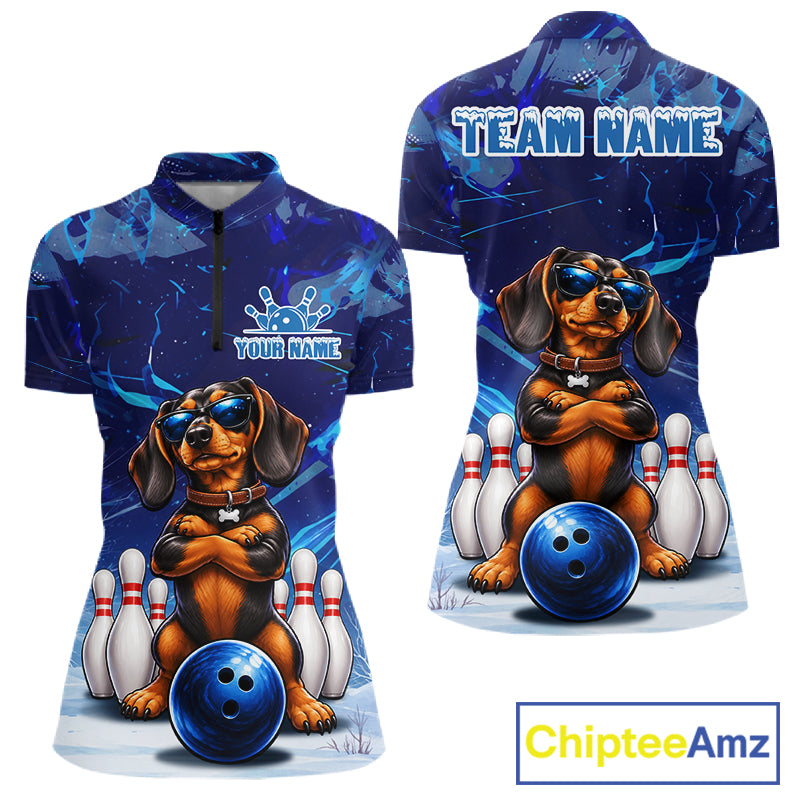 Blue Funny Dachshund Dog Bowling Shirt For Women Custom Bowling Team Jersey Polo & Quarter Zip TDM7955