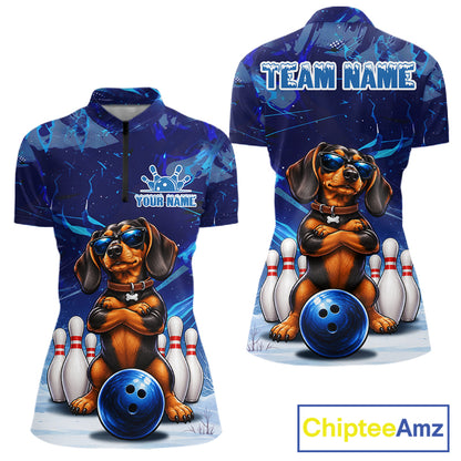 Blue Funny Dachshund Dog Bowling Shirt For Women Custom Bowling Team Jersey Polo & Quarter Zip TDM7955