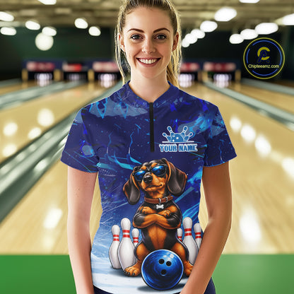 Blue Funny Dachshund Dog Bowling Shirt For Women Custom Bowling Team Jersey Polo & Quarter Zip TDM7955