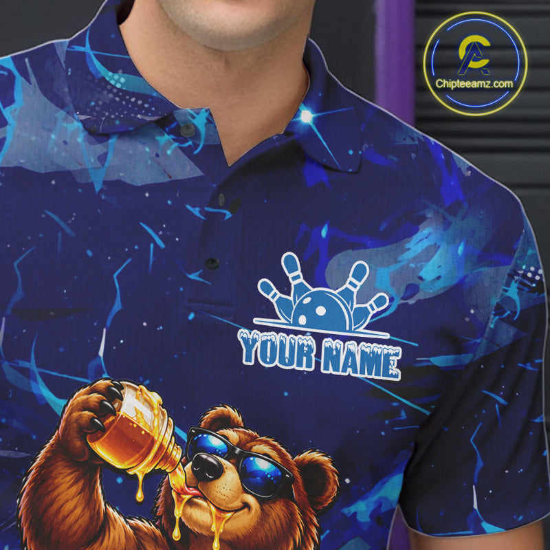 Personalized Blue Funny Bear Bowling Shirt For Men Custom Bowling Team Jersey Polo & 1/4 Zip TDM7956