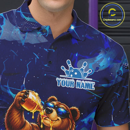 Personalized Blue Funny Bear Bowling Shirt For Men Custom Bowling Team Jersey Polo & 1/4 Zip TDM7956