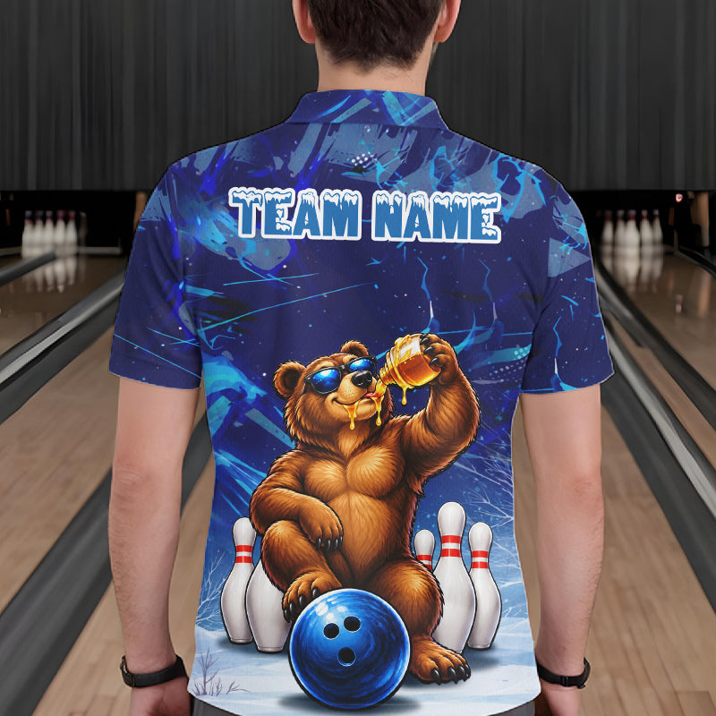 Personalized Blue Funny Bear Bowling Shirt For Men Custom Bowling Team Jersey Polo & 1/4 Zip TDM7956