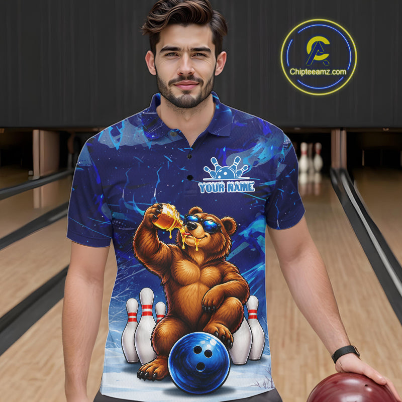 Personalized Blue Funny Bear Bowling Shirt For Men Custom Bowling Team Jersey Polo & 1/4 Zip TDM7956