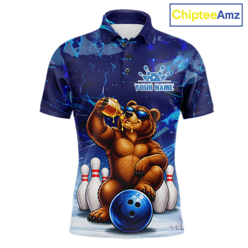 Personalized Blue Funny Bear Bowling Shirt For Men Custom Bowling Team Jersey Polo & 1/4 Zip TDM7956