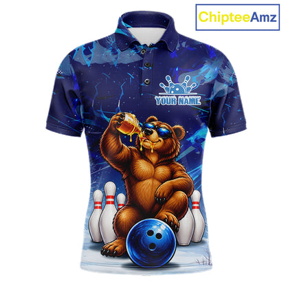 Personalized Blue Funny Bear Bowling Shirt For Men Custom Bowling Team Jersey Polo & 1/4 Zip TDM7956