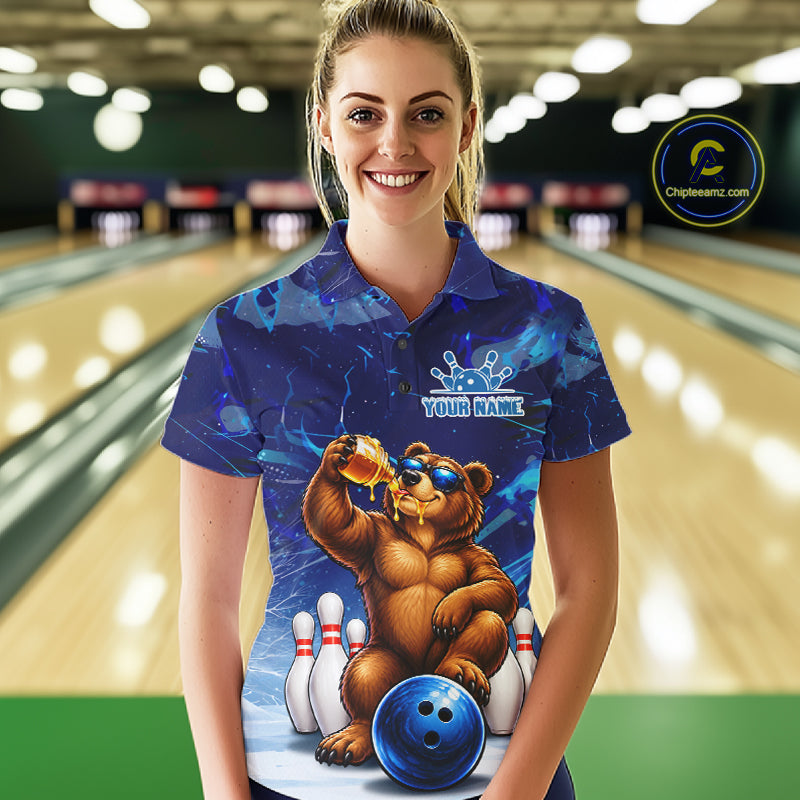 Personalized Blue Funny Bear Bowling Shirt For Women Custom Bowling Team Jersey Polo & 1/4 Zip TDM7956