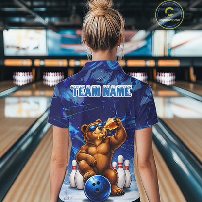 Personalized Blue Funny Bear Bowling Shirt For Women Custom Bowling Team Jersey Polo & 1/4 Zip TDM7956