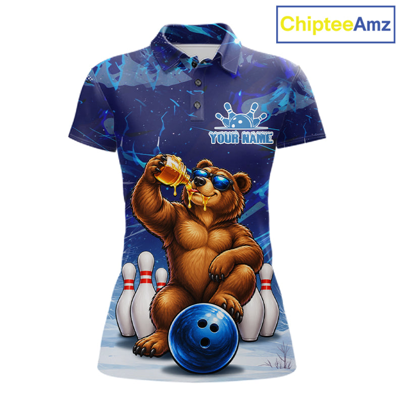 Personalized Blue Funny Bear Bowling Shirt For Women Custom Bowling Team Jersey Polo & 1/4 Zip TDM7956