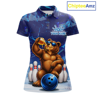 Personalized Blue Funny Bear Bowling Shirt For Women Custom Bowling Team Jersey Polo & 1/4 Zip TDM7956