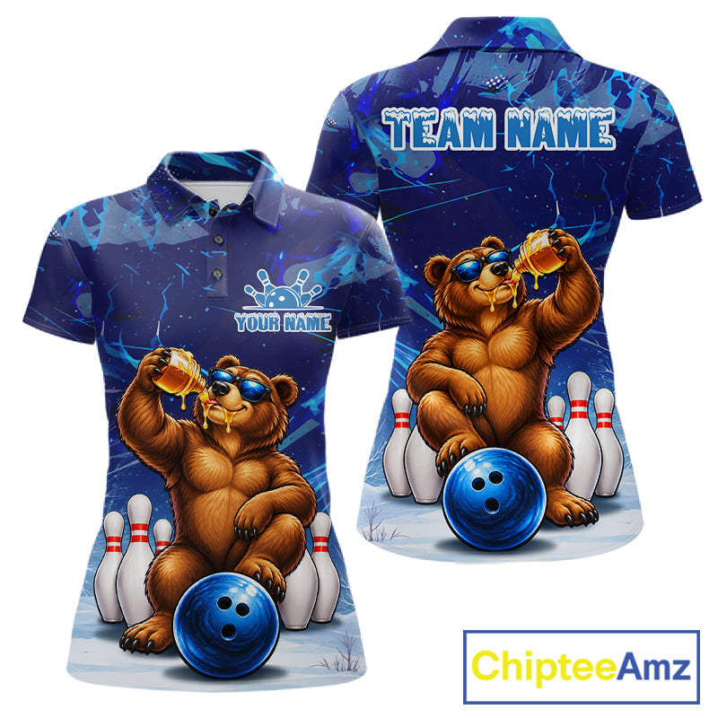 Personalized Blue Funny Bear Bowling Shirt For Women Custom Bowling Team Jersey Polo & 1/4 Zip TDM7956