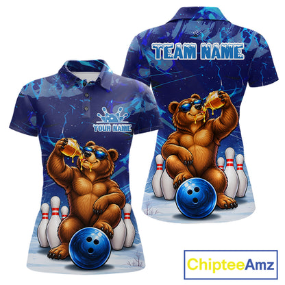 Personalized Blue Funny Bear Bowling Shirt For Women Custom Bowling Team Jersey Polo & 1/4 Zip TDM7956