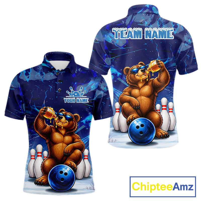 Personalized Blue Funny Bear Bowling Shirt For Men Custom Bowling Team Jersey Polo & 1/4 Zip TDM7956
