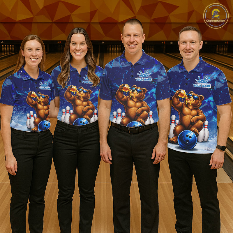Personalized Blue Funny Bear Bowling Shirt For Men Custom Bowling Team Jersey Polo & 1/4 Zip TDM7956