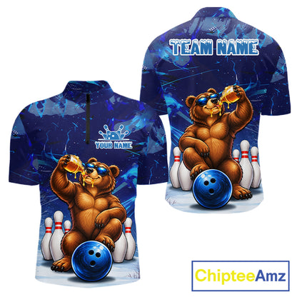 Personalized Blue Funny Bear Bowling Shirt For Men Custom Bowling Team Jersey Polo & 1/4 Zip TDM7956