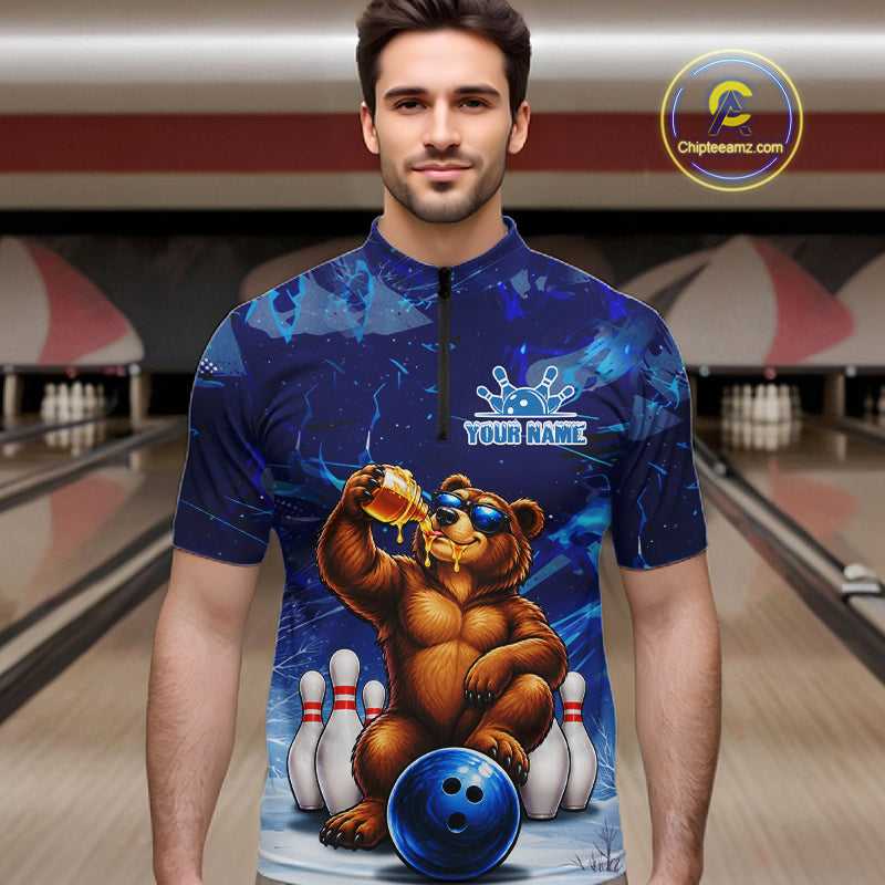 Personalized Blue Funny Bear Bowling Shirt For Men Custom Bowling Team Jersey Polo & 1/4 Zip TDM7956
