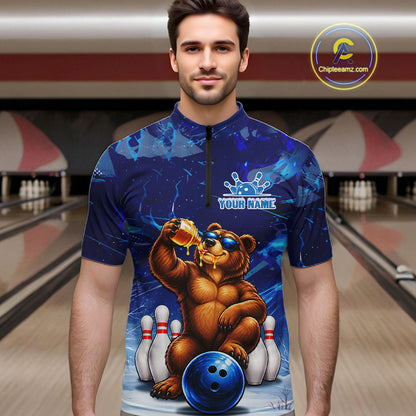 Personalized Blue Funny Bear Bowling Shirt For Men Custom Bowling Team Jersey Polo & 1/4 Zip TDM7956