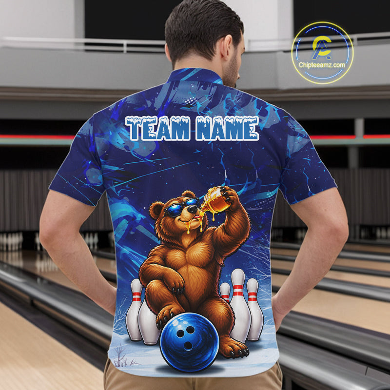 Personalized Blue Funny Bear Bowling Shirt For Men Custom Bowling Team Jersey Polo & 1/4 Zip TDM7956