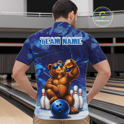 Personalized Blue Funny Bear Bowling Shirt For Men Custom Bowling Team Jersey Polo & 1/4 Zip TDM7956