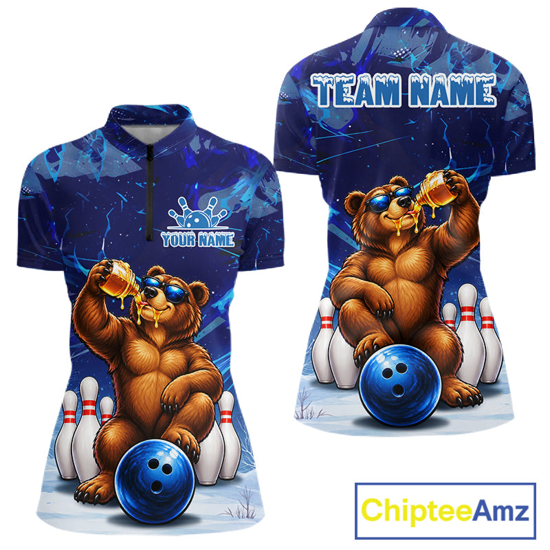 Personalized Blue Funny Bear Bowling Shirt For Women Custom Bowling Team Jersey Polo & 1/4 Zip TDM7956