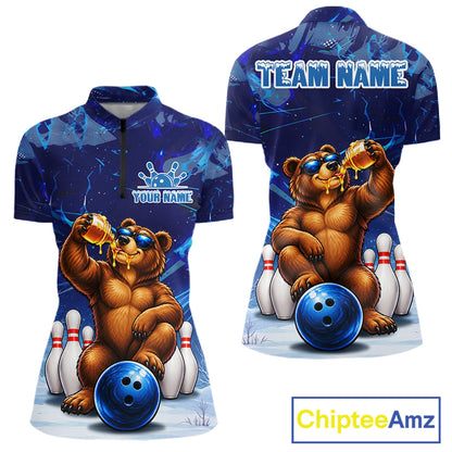 Personalized Blue Funny Bear Bowling Shirt For Women Custom Bowling Team Jersey Polo & 1/4 Zip TDM7956