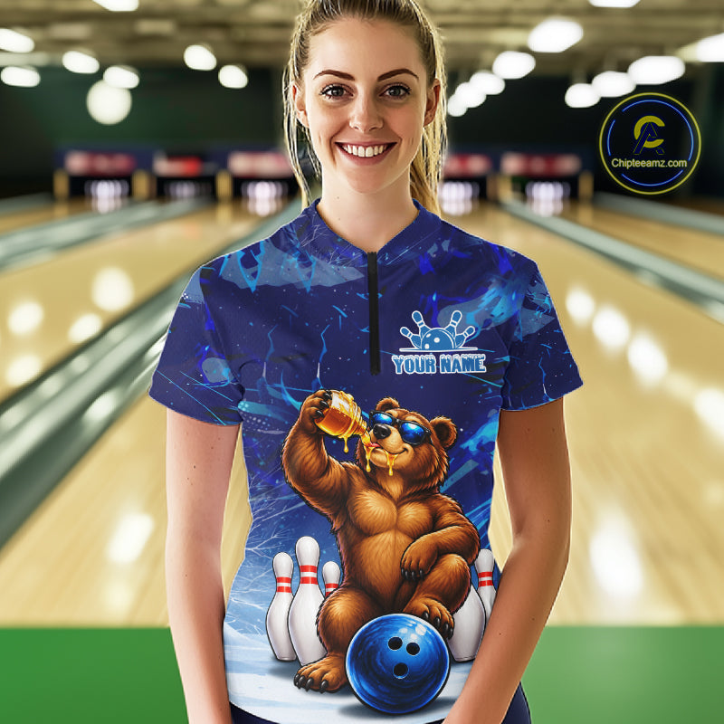 Personalized Blue Funny Bear Bowling Shirt For Women Custom Bowling Team Jersey Polo & 1/4 Zip TDM7956