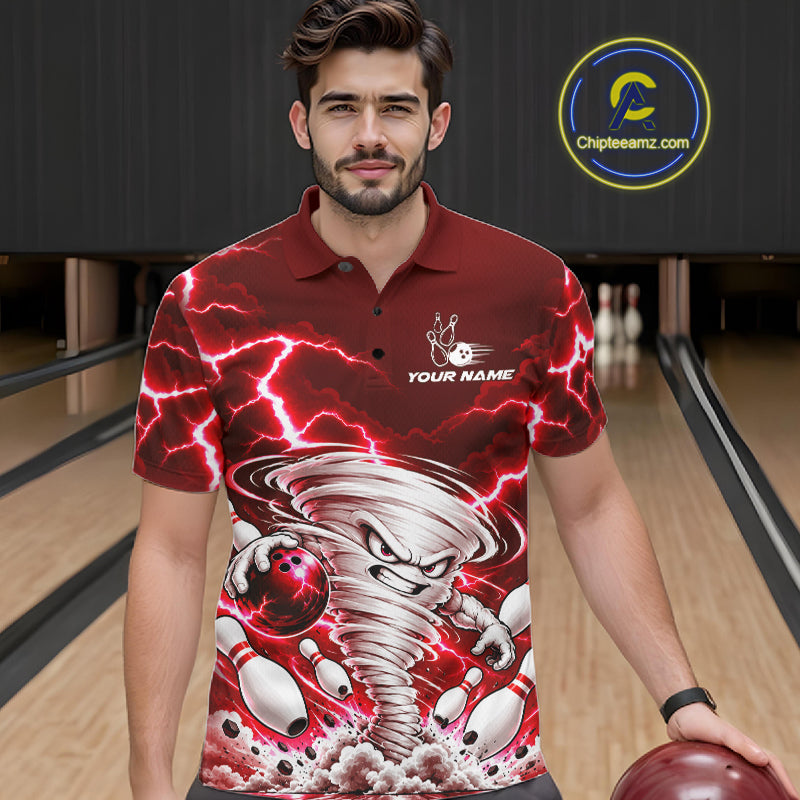 Red Lightning Thunder Funny Tornado Bowling Shirt For Men Custom Bowling Jersey Polo & 1/4 Zip TDM7957
