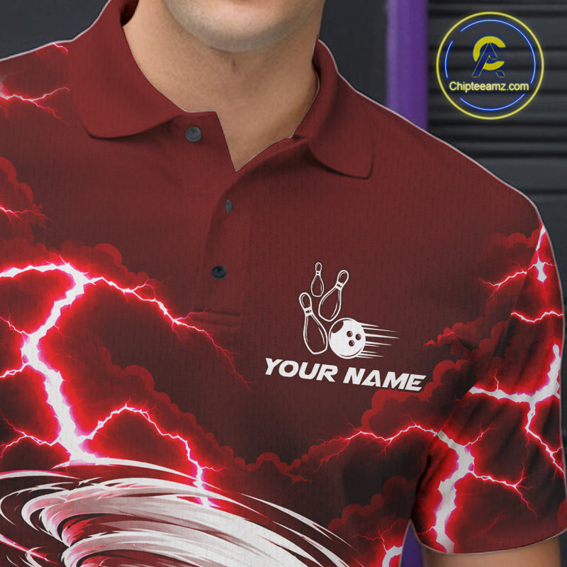 Red Lightning Thunder Funny Tornado Bowling Shirt For Men Custom Bowling Jersey Polo & 1/4 Zip TDM7957