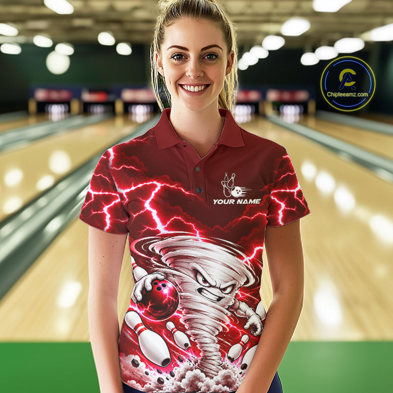 Red Lightning Thunder Funny Tornado Bowling Shirt For Women Custom Bowling Jersey Polo & 1/4 Zip TDM7957