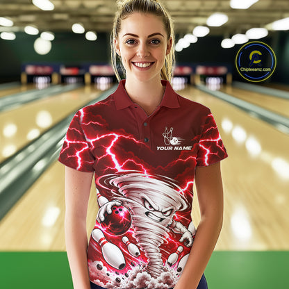 Red Lightning Thunder Funny Tornado Bowling Shirt For Women Custom Bowling Jersey Polo & 1/4 Zip TDM7957
