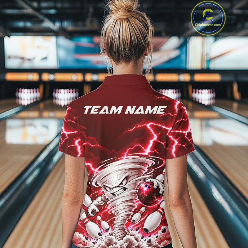 Red Lightning Thunder Funny Tornado Bowling Shirt For Women Custom Bowling Jersey Polo & 1/4 Zip TDM7957