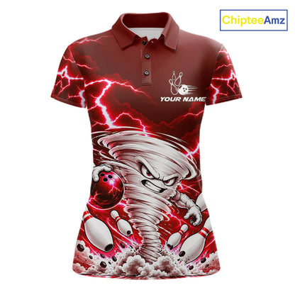 Red Lightning Thunder Funny Tornado Bowling Shirt For Women Custom Bowling Jersey Polo & 1/4 Zip TDM7957