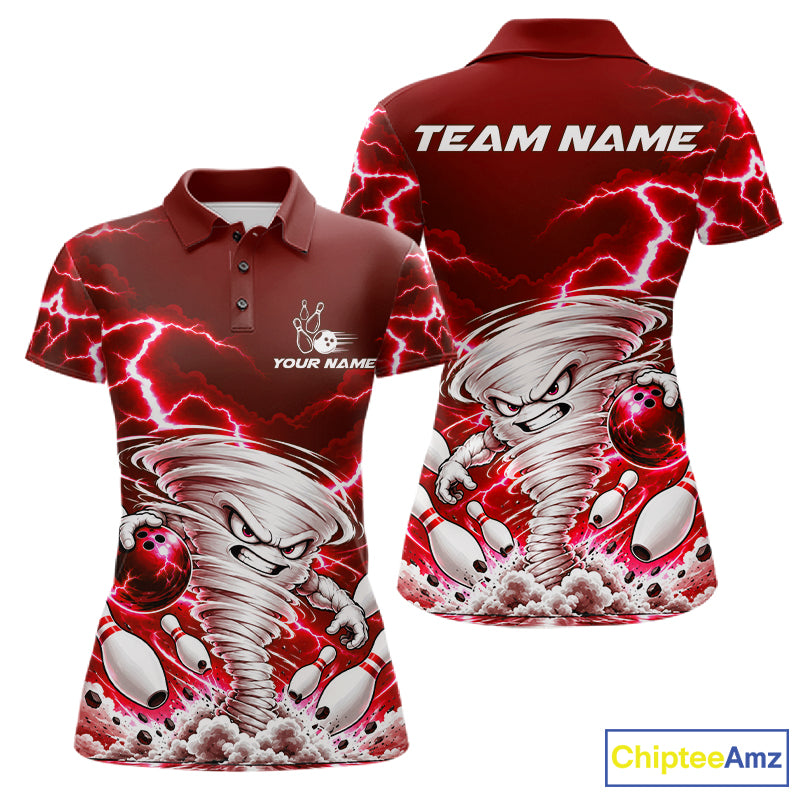 Red Lightning Thunder Funny Tornado Bowling Shirt For Women Custom Bowling Jersey Polo & 1/4 Zip TDM7957