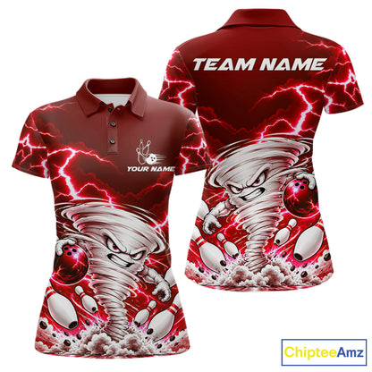 Red Lightning Thunder Funny Tornado Bowling Shirt For Women Custom Bowling Jersey Polo & 1/4 Zip TDM7957