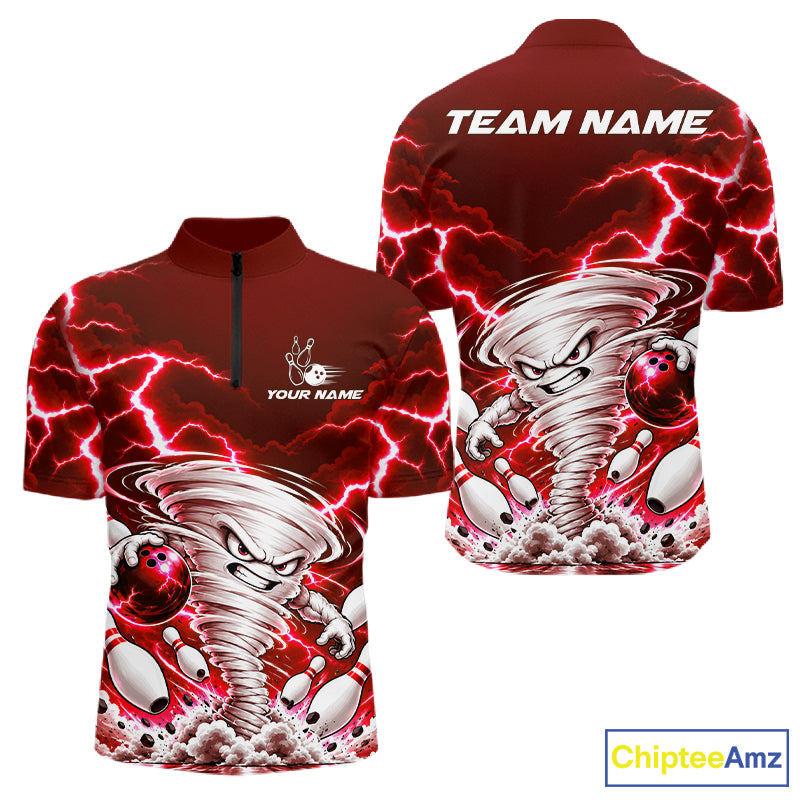 Red Lightning Thunder Funny Tornado Bowling Shirt For Men Custom Bowling Jersey Polo & 1/4 Zip TDM7957