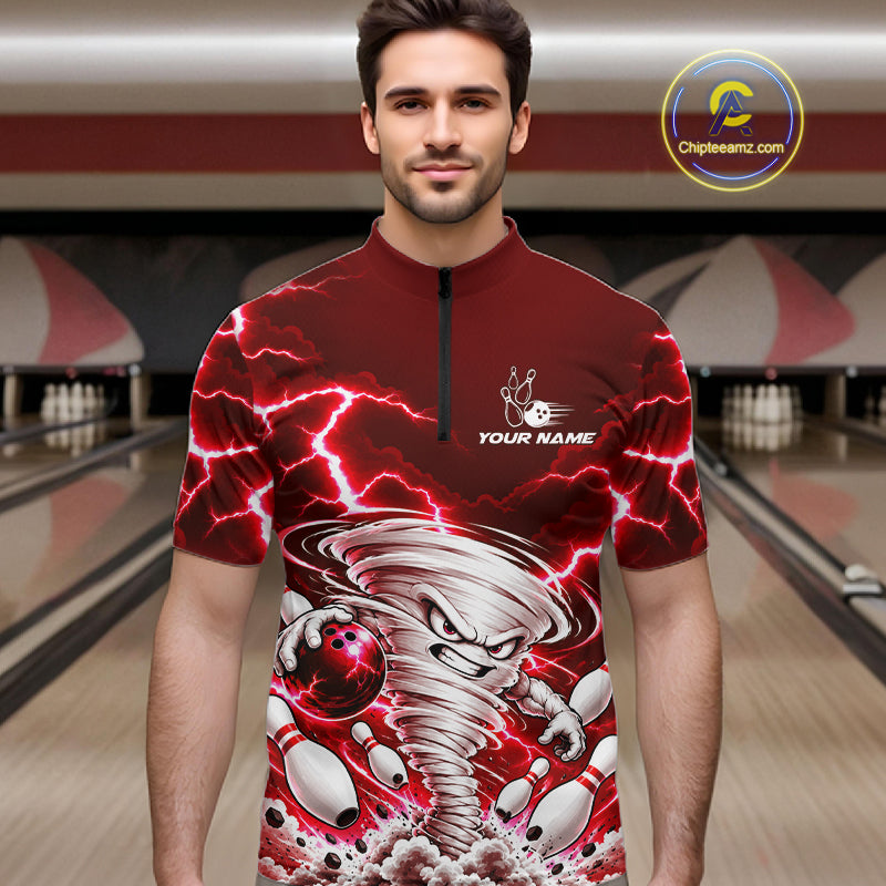 Red Lightning Thunder Funny Tornado Bowling Shirt For Men Custom Bowling Jersey Polo & 1/4 Zip TDM7957