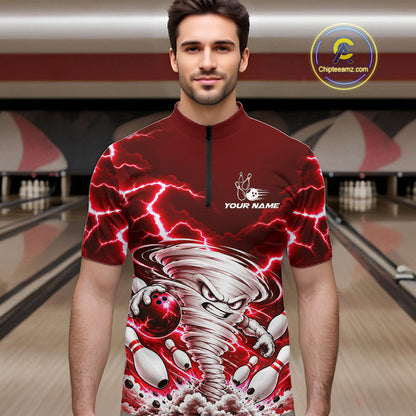 Red Lightning Thunder Funny Tornado Bowling Shirt For Men Custom Bowling Jersey Polo & 1/4 Zip TDM7957