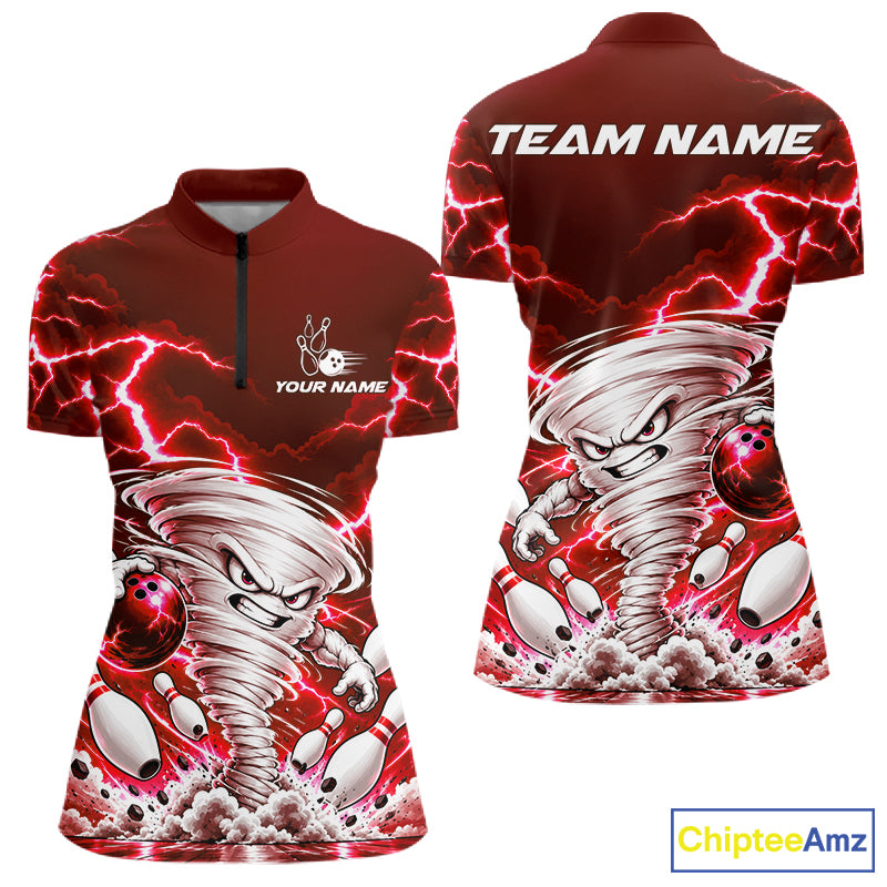 Red Lightning Thunder Funny Tornado Bowling Shirt For Women Custom Bowling Jersey Polo & 1/4 Zip TDM7957