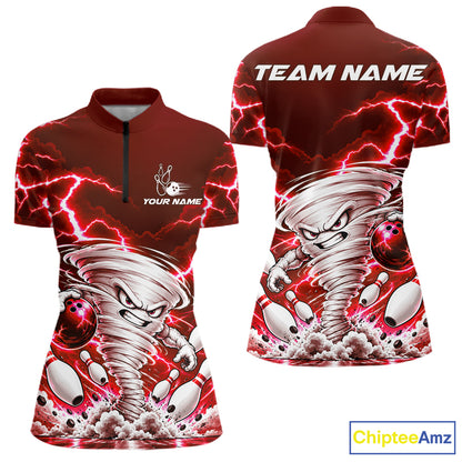 Red Lightning Thunder Funny Tornado Bowling Shirt For Women Custom Bowling Jersey Polo & 1/4 Zip TDM7957