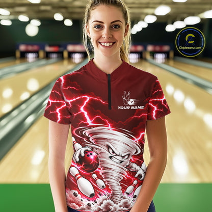 Red Lightning Thunder Funny Tornado Bowling Shirt For Women Custom Bowling Jersey Polo & 1/4 Zip TDM7957